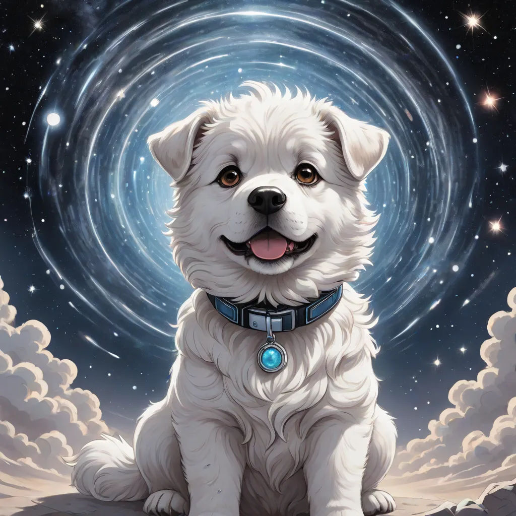a white dog sitting on top of a rock under a blue sky filled with stars and clouds with a blue collar, furry art, a storybook illustration, Chris LaBrooy, yukito kishiro