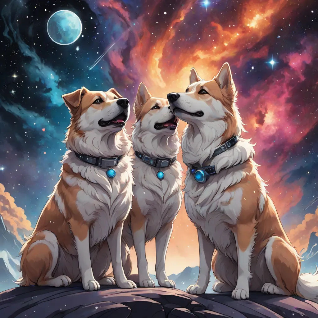two dogs sitting on a rock looking at the sky with stars and planets in the background, with a full moon in the sky, space art, a detailed painting, Chris LaBrooy, official art