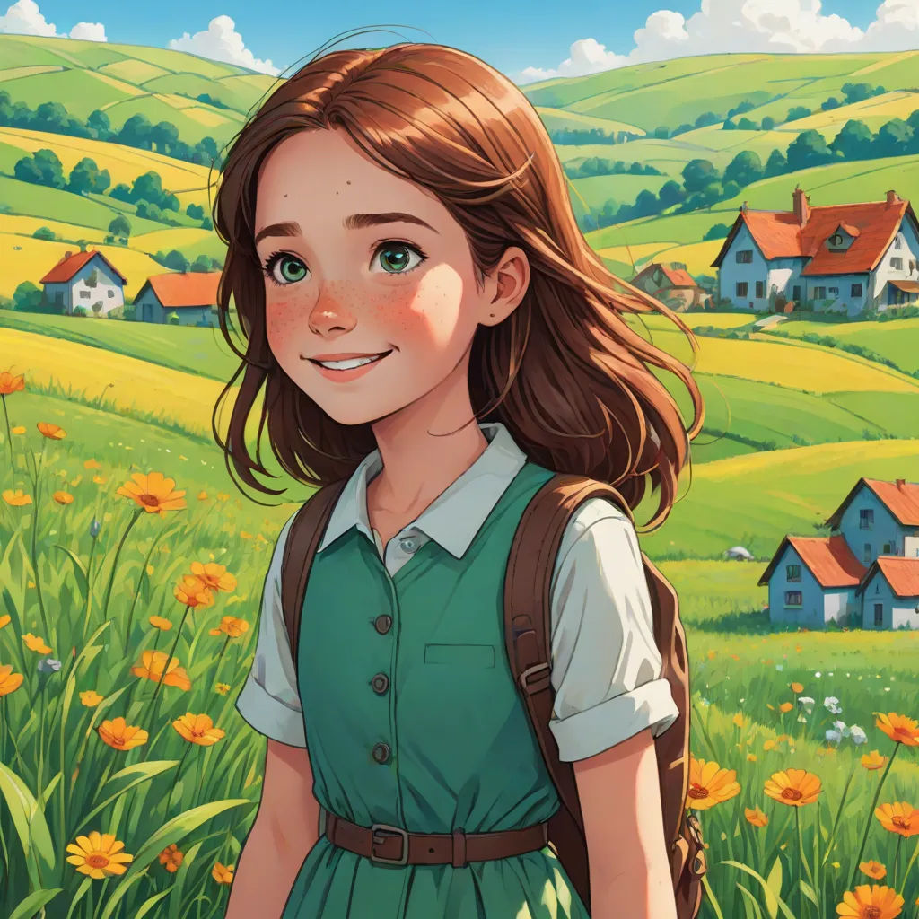 a girl in a green dress standing in a field of flowers with a house in the background and a blue sky, color field, a storybook illustration, Cliff Childs, trending on art station