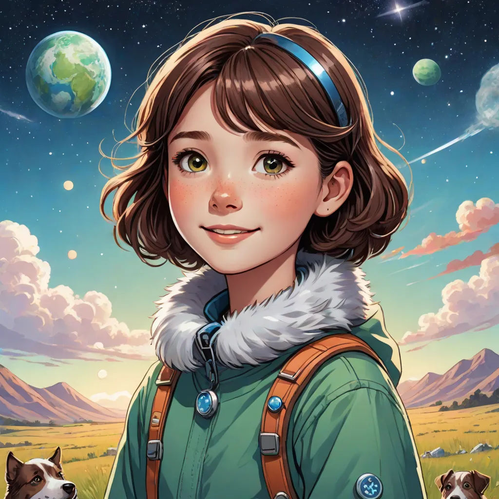 a girl with a dog in front of a planet and stars in the sky with a sky background and a dog looking at the camera, space art, a character portrait, Cliff Childs, comic cover art