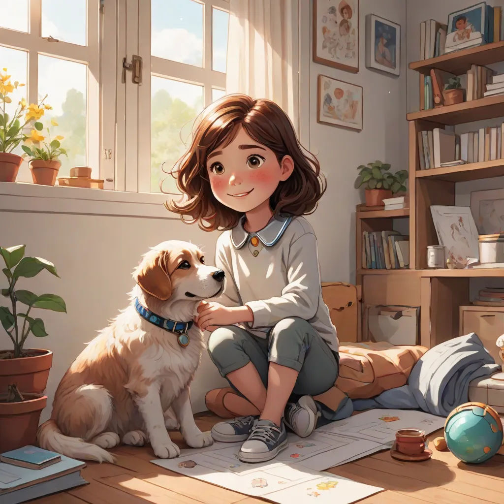 a girl sitting on a floor with a dog next to her and a potted plant in the background, furry art, a storybook illustration, Diego Gisbert Llorens, rossdraws global illumination