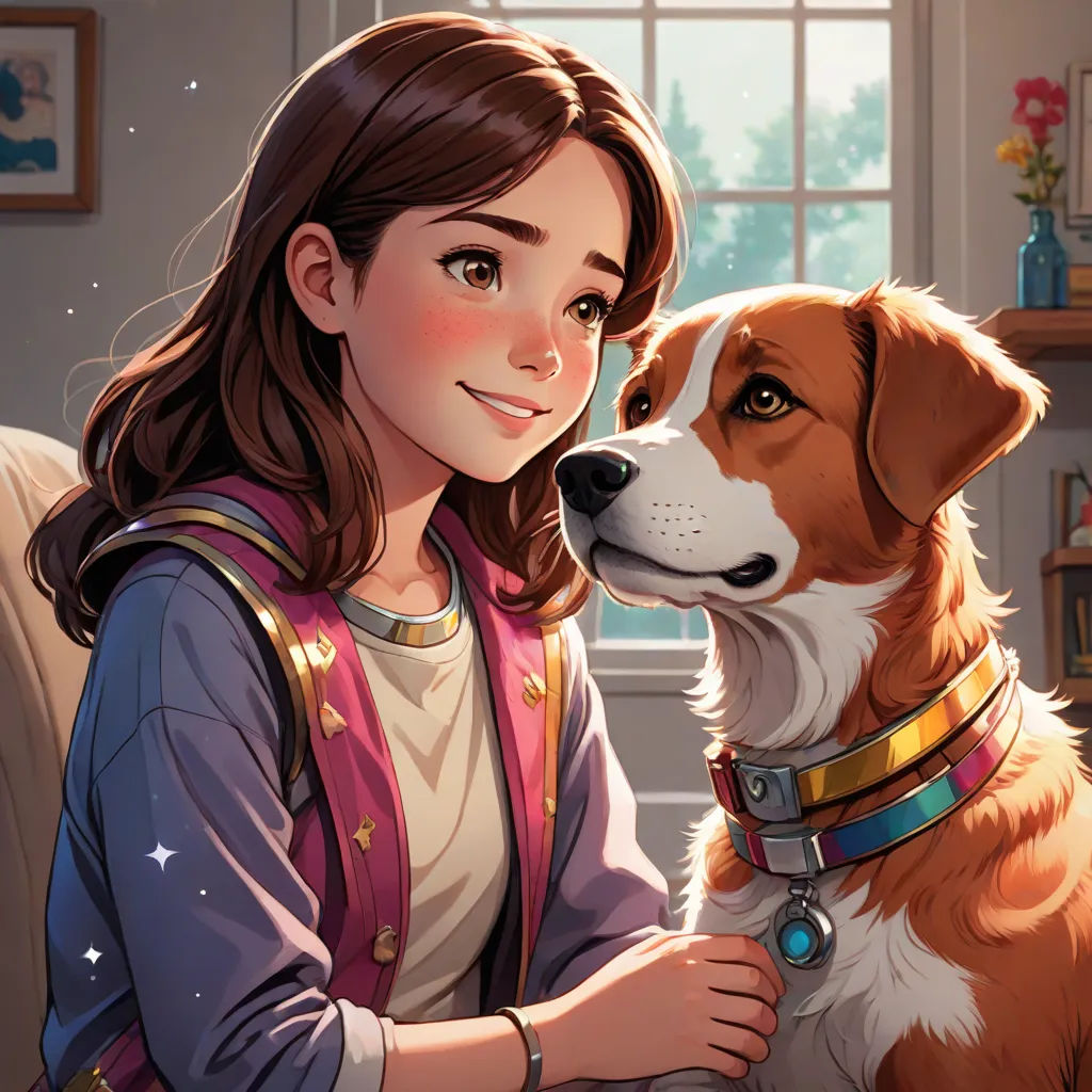 a girl sitting on a couch next to a dog with a collar on it's neck and a dog on her lap, furry art, a storybook illustration, Artgerm, official art