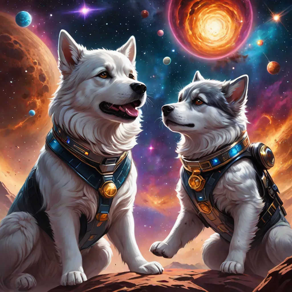 two dogs sitting on a rock in front of a space background with planets and stars in the background, with a bright orange and blue star in the middle, space art, a fine art painting, Brothers Hildebrandt, space