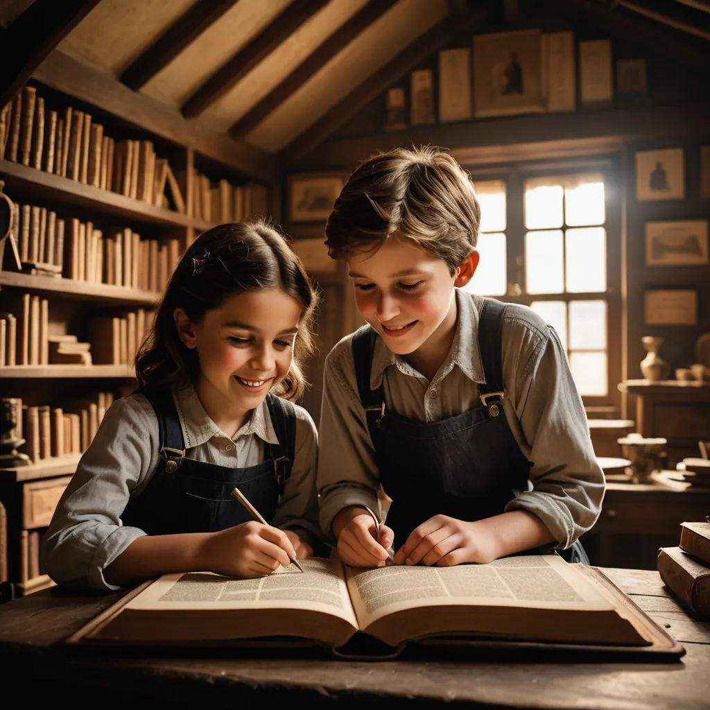 two girls are sitting at a table and writing in a book together, with a bookcase in the background, art & language, a storybook illustration, Elinor Proby Adams, storybook illustration