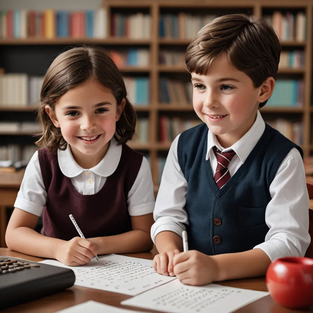 two children sitting at a desk with a book and pen in front of them, and a bookcase behind them, les automatistes, computer graphics, Christian Hilfgott Brand, promotional image