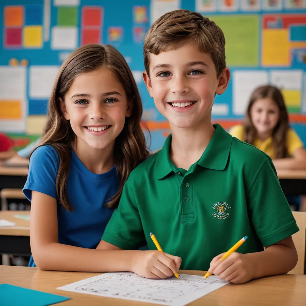 two children sitting at a desk with a book and pencils in front of them, smiling at the camera, danube school, a stock photo, Christian Hilfgott Brand, promotional image