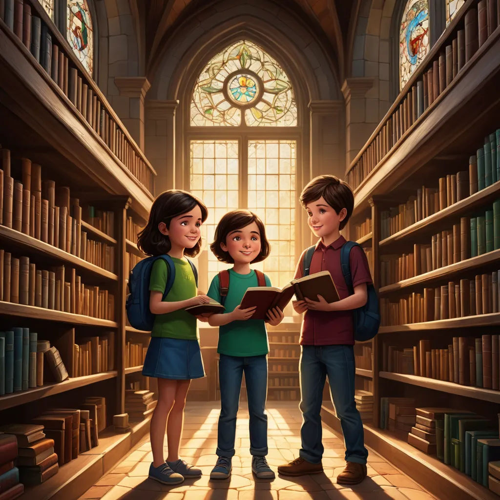 three children standing in a library reading books together and looking at a book in the middle of the room, paris school, a storybook illustration, Chris LaBrooy, official art