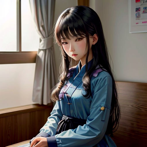 a woman in a blue dress sitting at a table with a laptop computer in her hand and a window behind her
