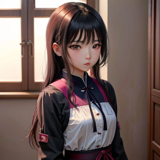 a woman in a uniform standing in front of a window with a cat on her shoulder and a cat on her shoulder