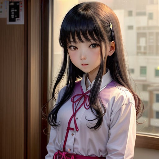 a young girl with long hair and a ponytail standing in front of a window with a city view behind her