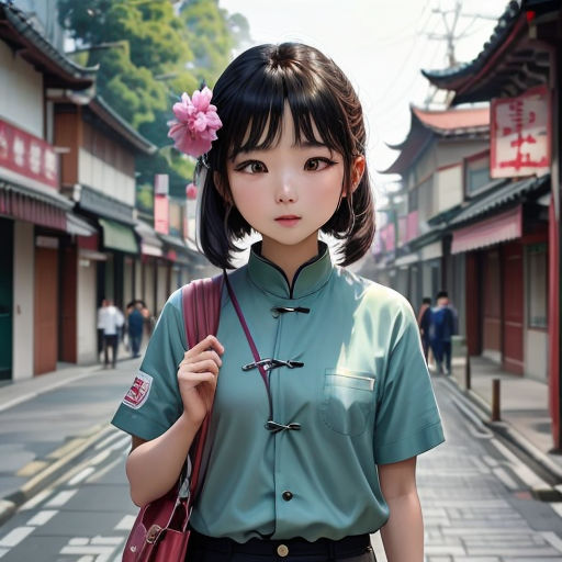 a woman with a flower in her hair is standing on a street in a chinese town with buildings and people