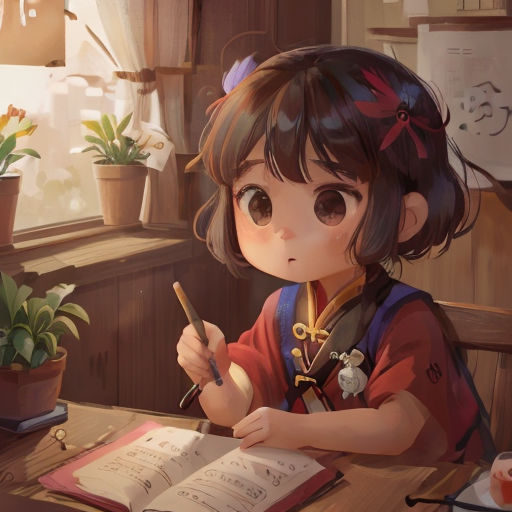 a girl sitting at a table with a book and pen in her hand and a potted plant in the background