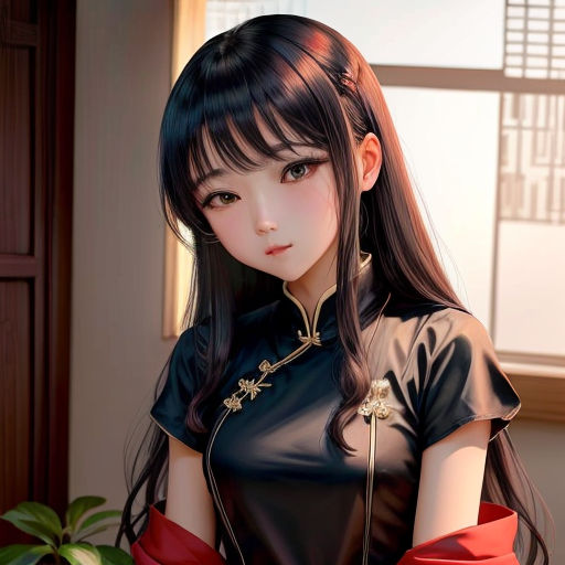 a woman in a black dress with red gloves and a plant in the background, with a window behind her