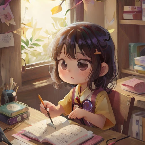 a little girl sitting at a desk writing on a book and holding a pen and paper in her hand