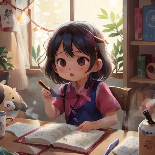 a girl sitting at a table with an open book and a pen in her hand and a teddy bear