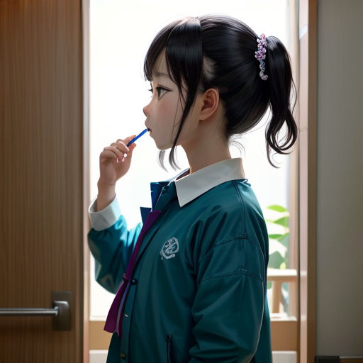 a young girl brushing her teeth in front of a door with a window behind her and a plant in the corner
