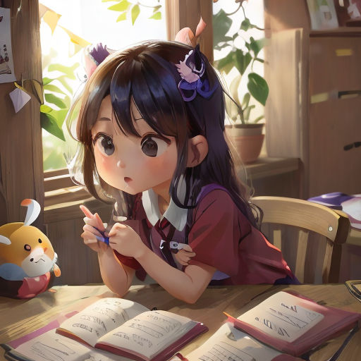 a girl sitting at a table with a book and a stuffed animal in front of her, looking at the camera