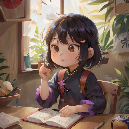 a girl sitting at a table with an open book and a pen in her hand and a plant in the background