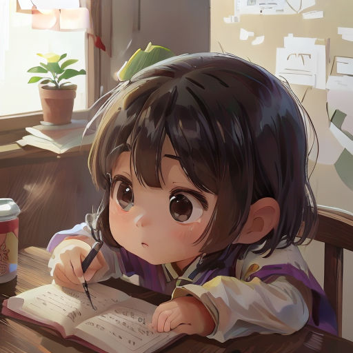 a little girl sitting at a desk writing on a book with a pen and paper in front of her