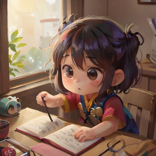 a little girl sitting at a table with a book and a pen in her hand and a book in front of her