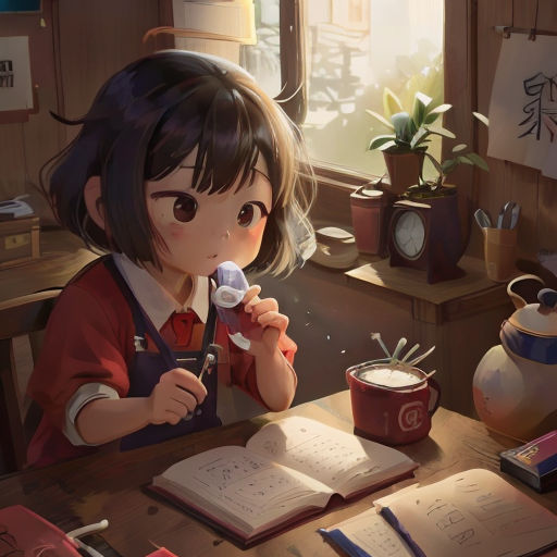 a girl sitting at a table with a microphone in her hand and a book in front of her, with a cup of tea and a book on the table