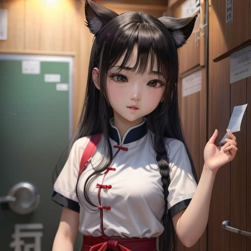 a girl with long hair and a cat ears on her head holding a piece of paper in her hand