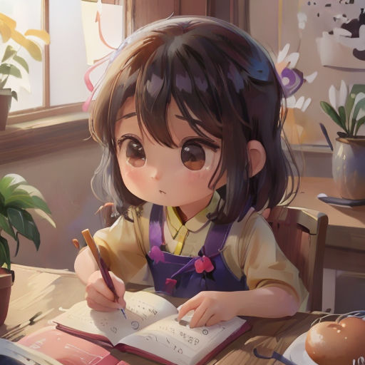 a little girl sitting at a table writing on a book with a pen and a potted plant in the background