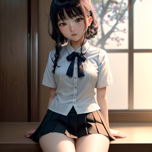 a woman sitting on a window sill in a short skirt and shirt with a bow tie on her head