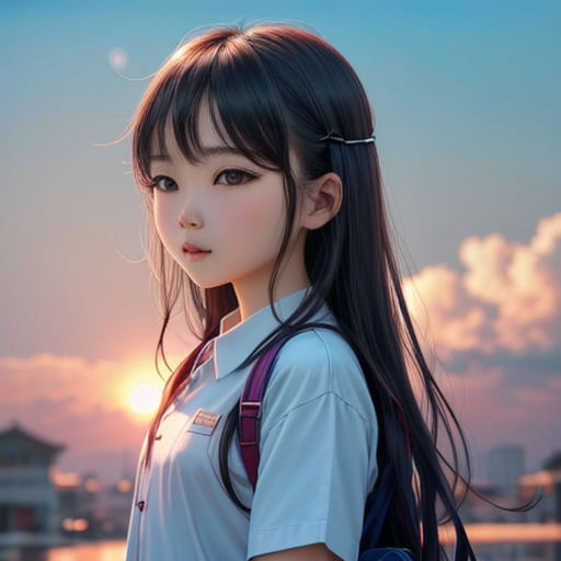 a girl with long hair and a backpack on her shoulder looking at the camera with a sunset in the background