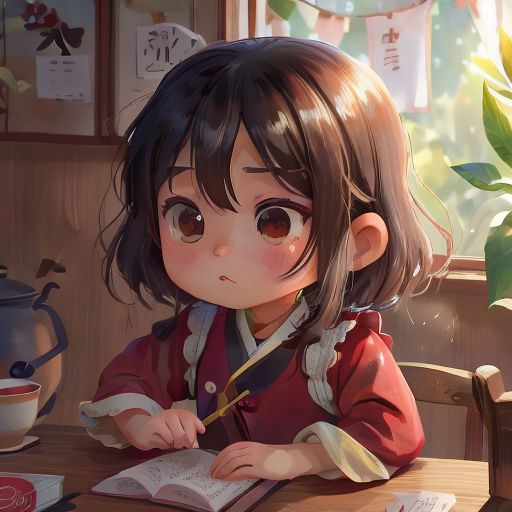 a girl sitting at a table with a book and pen in her hand and a teapot in the background
