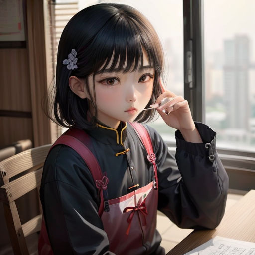 a young girl sitting at a table with a book in her hand and a pen in her hand, looking out the window