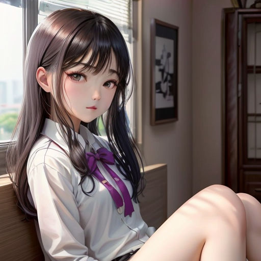 a girl sitting on a window sill with her legs crossed and a purple bow tie around her neck