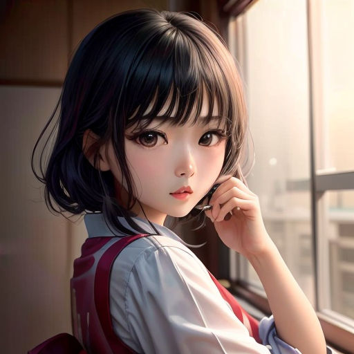 a girl with a backpack looking out a window at the sun shining through the window sill, with her hand on her chin