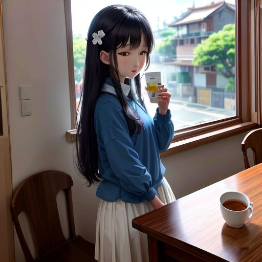 a girl holding a cup of coffee and looking out a window at a street outside of a building with a view of a city