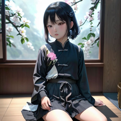 a woman sitting on a floor in front of a window with a flower in her hair and a black dress