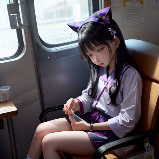 a young girl sitting in a chair looking at her cell phone while wearing a purple dress and a purple hat