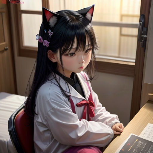 a young girl sitting at a desk with a cat ears on her head and a book in front of her