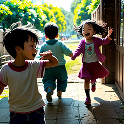 three children are running down a sidewalk together, one is holding his hand out to the other side of the door
