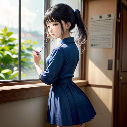 a woman in a blue dress is holding a pen and looking out a window at the scenery outside of the window