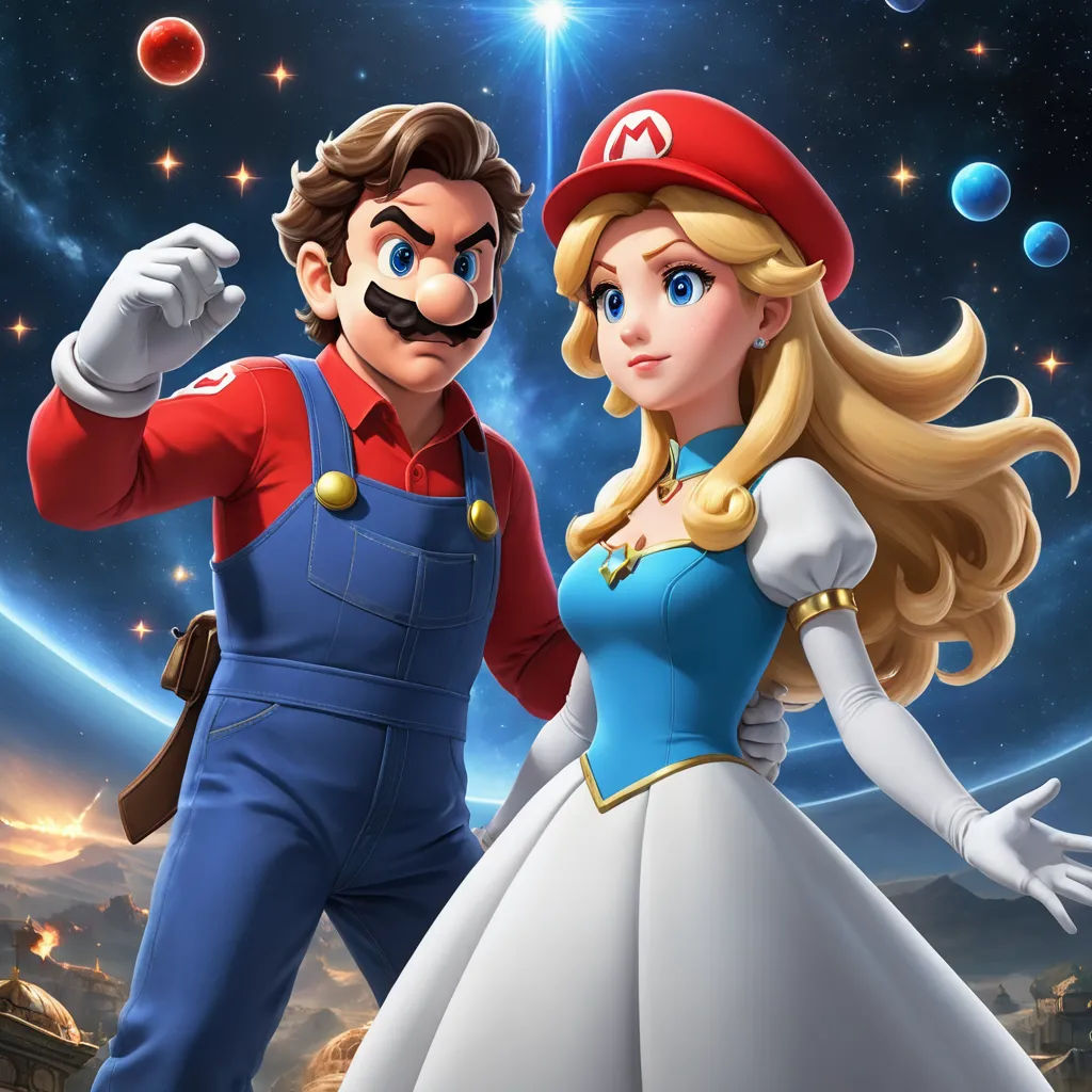 a man and a woman dressed as mario and luigi in a cartoon style scene with bubbles and stars in the background, sots art, concept art, Artgerm, official art