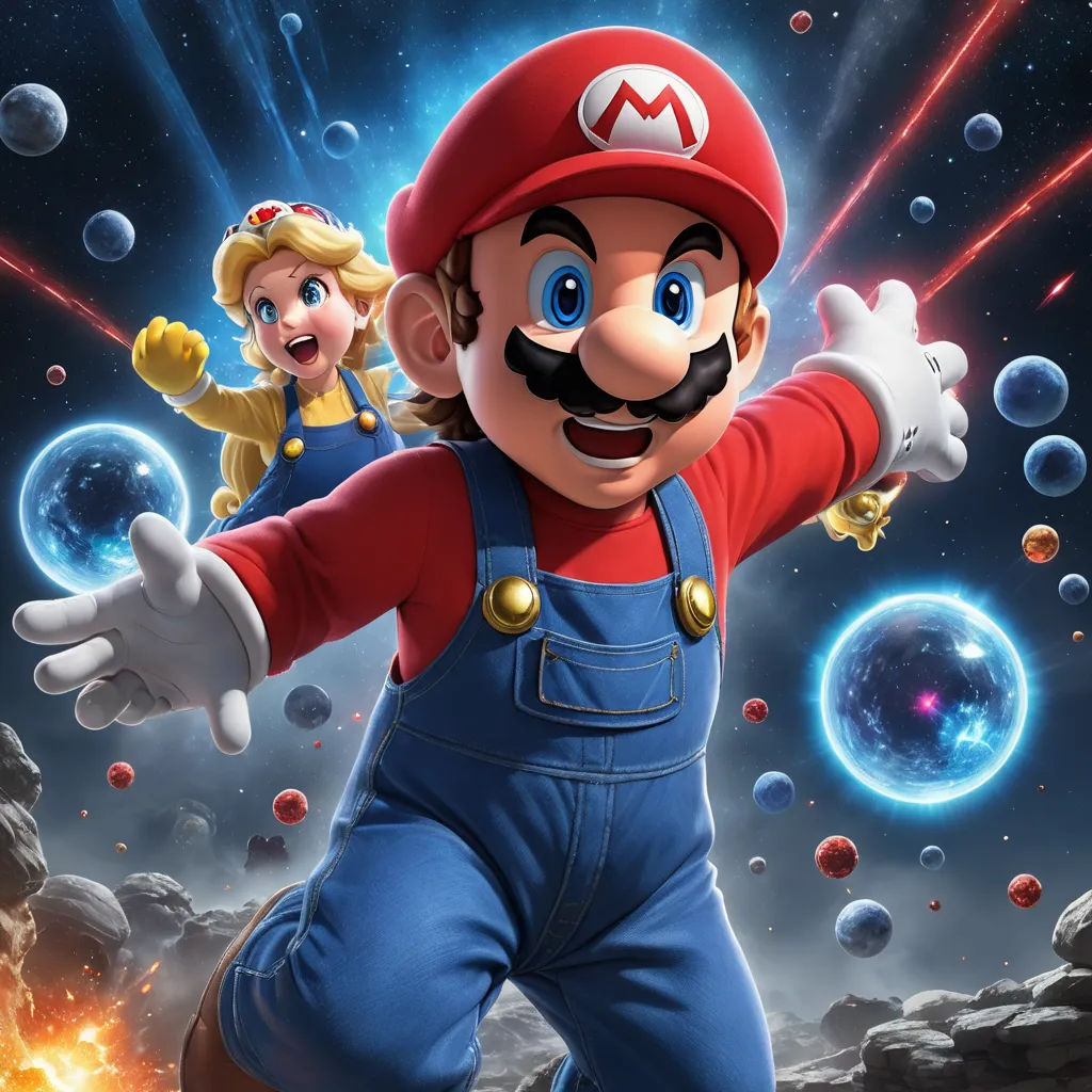 a nintendo bros character is in front of a background of bubbles and stars with a woman in the middle, space art, poster art, Chris LaBrooy, official art