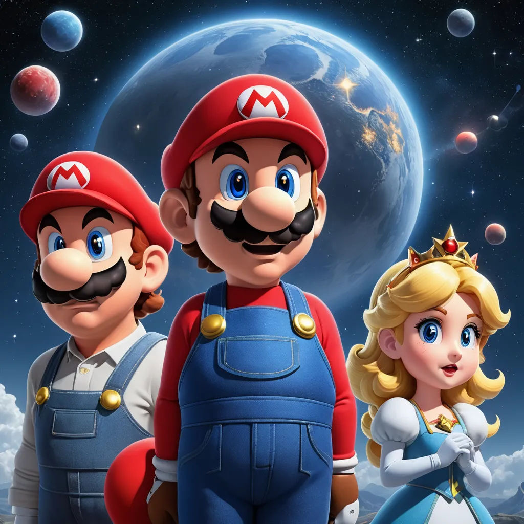 a group of people standing next to each other in front of a planet with a mario and luigi on it, space art, concept art, Chris LaBrooy, official art
