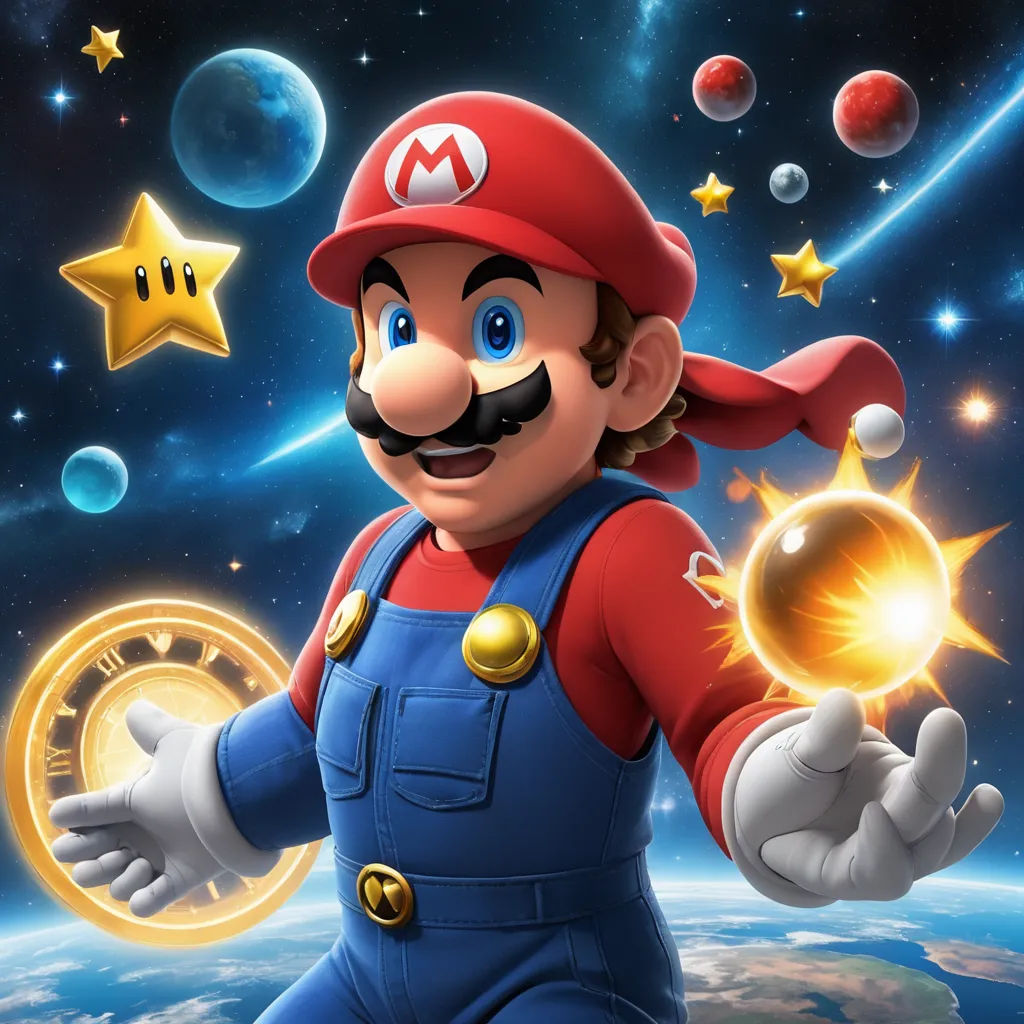 a mario bros character holding a golden coin in front of a space background with stars and planets in the background, space art, an ambient occlusion render, Chris LaBrooy, key art