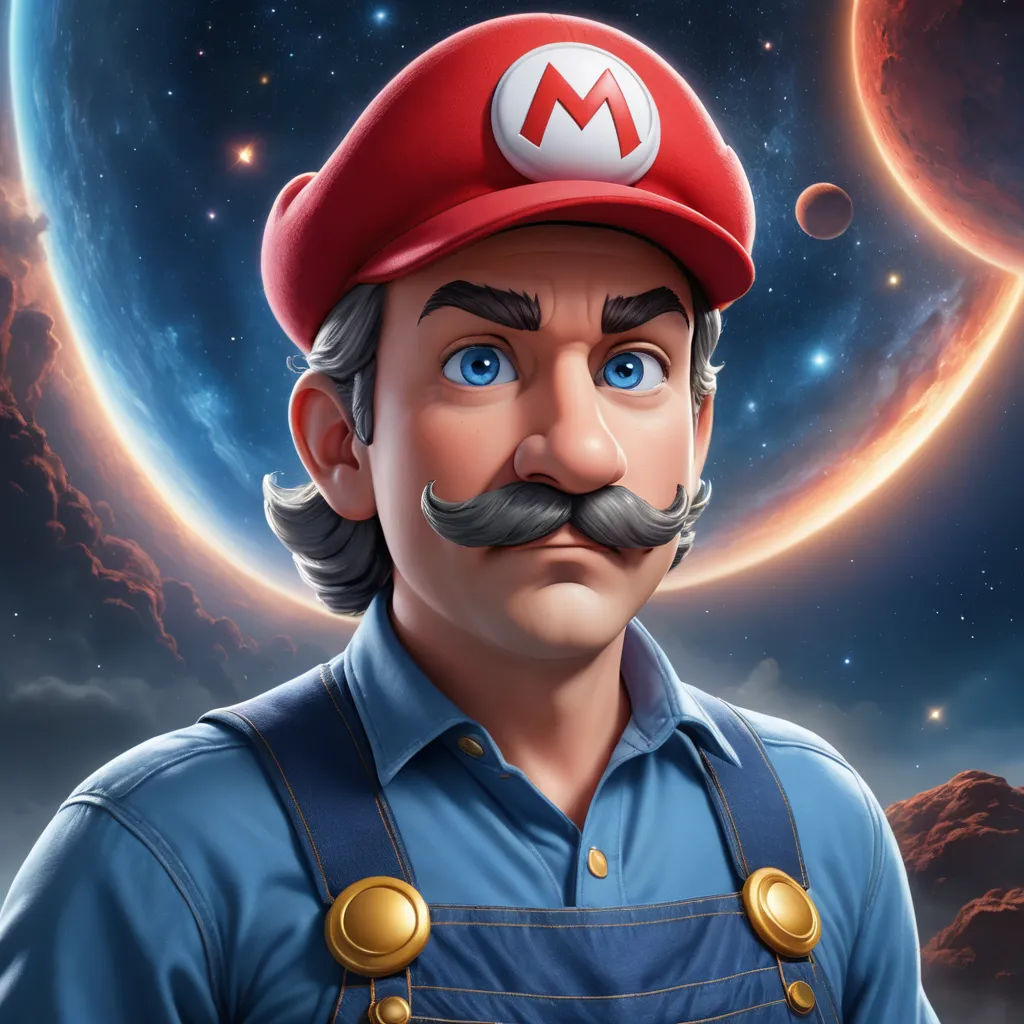 a man with a mustache and a mustache mustache in front of a planet with a moon and stars in the background, space art, a character portrait, Chris LaBrooy, ultra realistic digital art