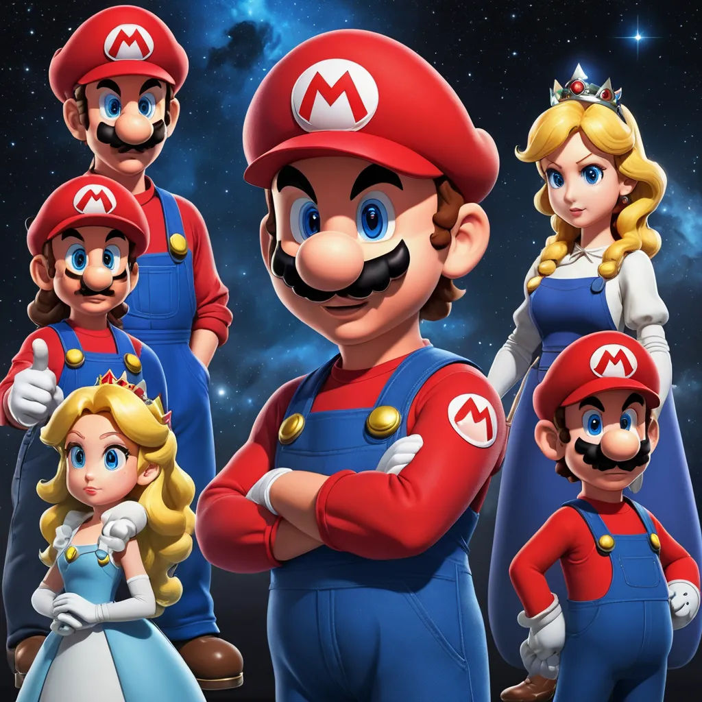 a group of people in mario and princess peach costumes standing in front of a galaxy background with stars and a blue sky, sots art, concept art, Artgerm, official art