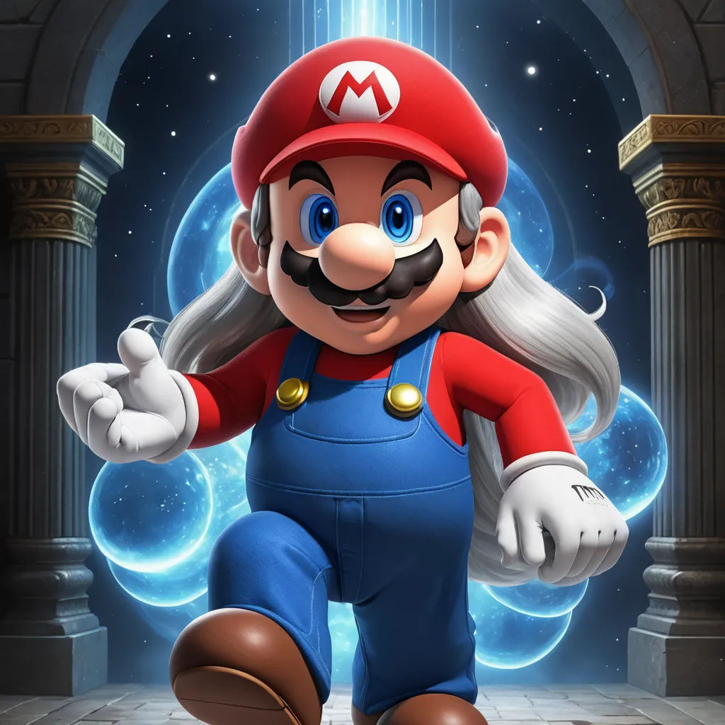 a mario bros character is standing in front of a doorway with a blue light behind him and a blue light behind him, fantasy art, an ambient occlusion render, Americo Makk, official art