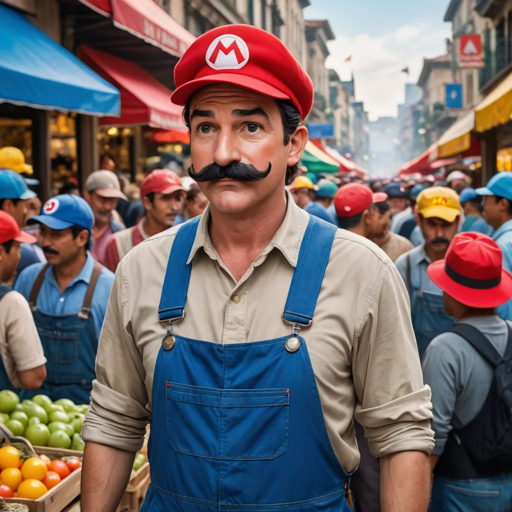 a man with a mustache and a mustache on his face in a market area with other people in the background, massurrealism, a colorized photo, Cristache Gheorghiu, promotional image