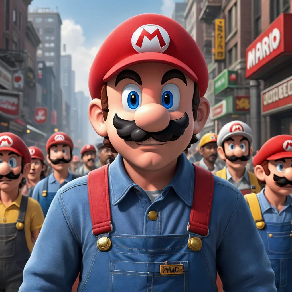 a group of people in mario bros outfits in a city street with buildings and signs in the background,, hyperrealism, concept art, Chris LaBrooy, unreal engine highly rendered