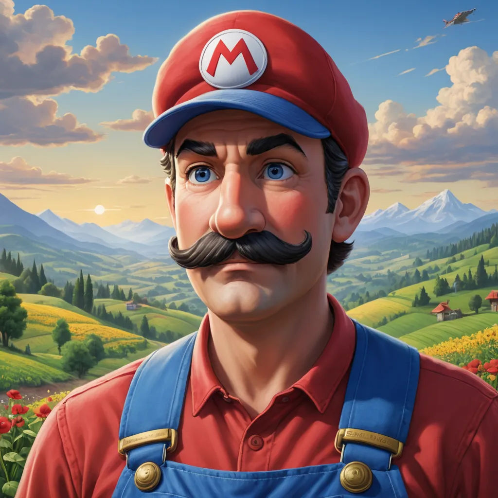 a painting of a man with a mustache and a mustache mustache in front of a landscape with mountains and flowers, sots art, a character portrait, Chris LaBrooy, game art