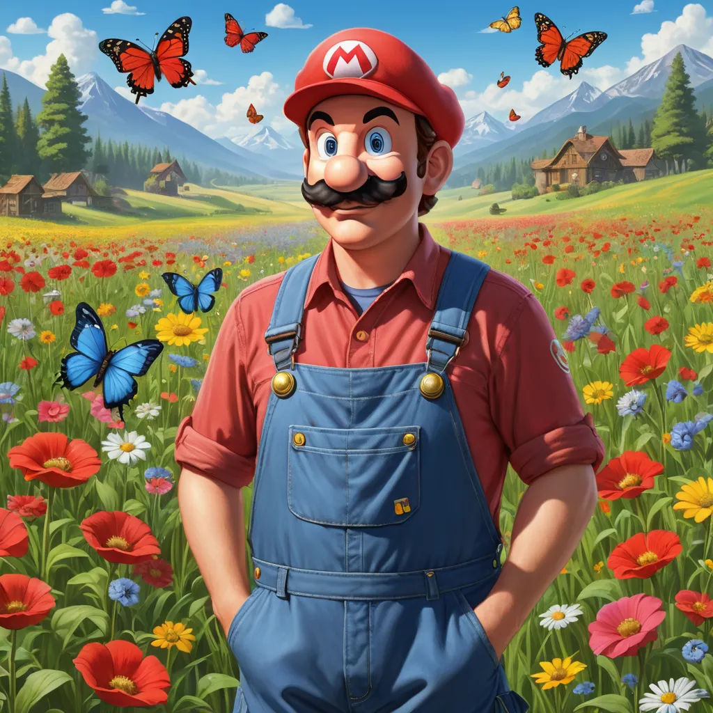 a man with a mustache and a mustache in a field of flowers and butterflies with a house in the background, pop surrealism, pixel art, Chris LaBrooy, game art